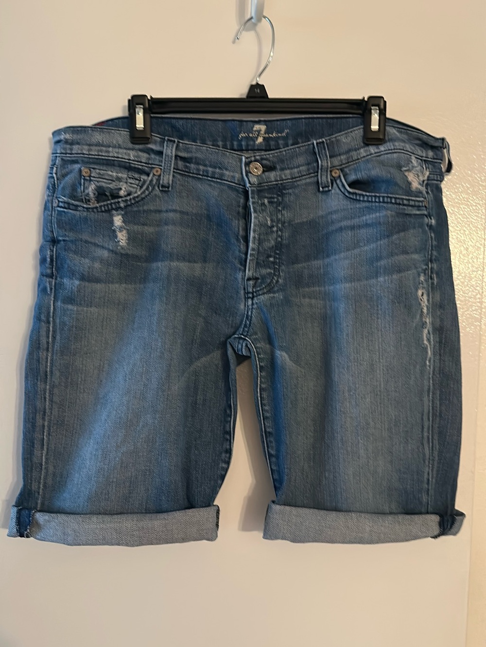 7 For All Mankind Medium Wash Rolled Cuff Denim Bermuda Shorts